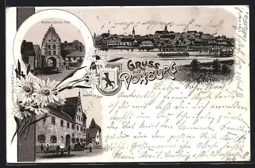 Lithographie Vohburg, Kleines Donau-Thor, Gasthof zu Post, Donaupartie mit Schiff