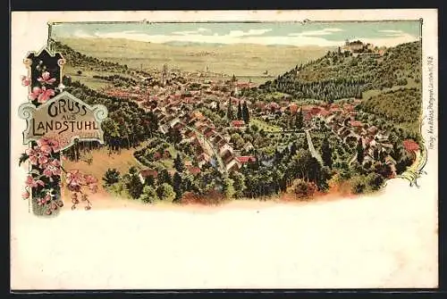 Lithographie Landstuhl /Pfalz, Gesamtansicht mit Burg und Fernblick aus der Vogelschau