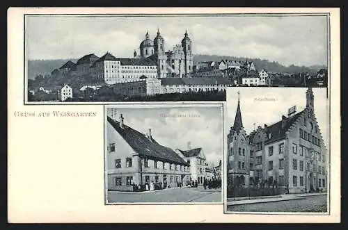 AK Weingarten / Württ., Gasthof zum Bären, Schulhaus, Ortsansicht