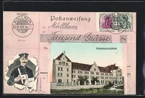 AK Müllheim, Kasernengebäude, Postanweisung über Tausend Grüsse, Briefträger, Briefmarken