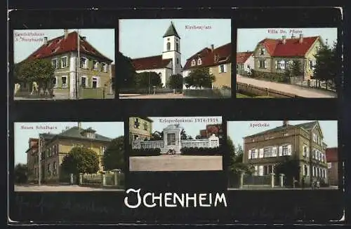 AK Ichenheim, Geschäftshaus A. Burghardt, Villa Dr. Pflanz, Apotheke, Kriegerdenkmal
