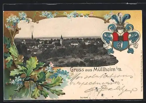 Passepartout-Lithographie Müllheim i. B., Blick auf den Ort, Wappen