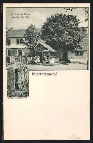 AK Waldkatzenbach, Gasthaus zum Löwen, Inh.: Georg Körber, Katzenbuckelturm