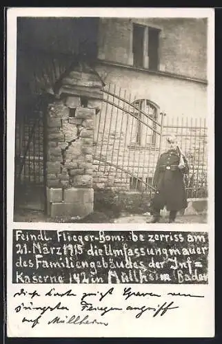 Foto-AK Müllheim /Baden, Inf.-Kaserne nach Bombenangriff 1915