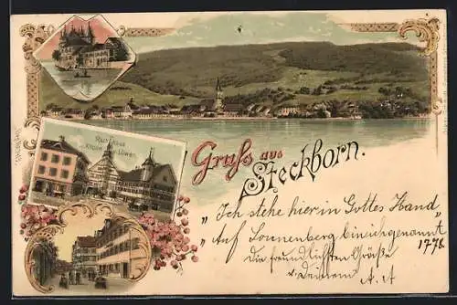 Lithographie Steckborn, Gasthäuser Krone und Löwe mit Rathaus, Panorama