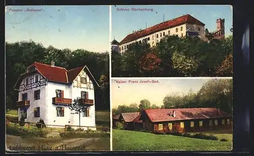 AK Haag a. Hausruck, Hotel-Pension Bellevue, Schloss Starhemberg, Kaiser Franz Josef-Bad