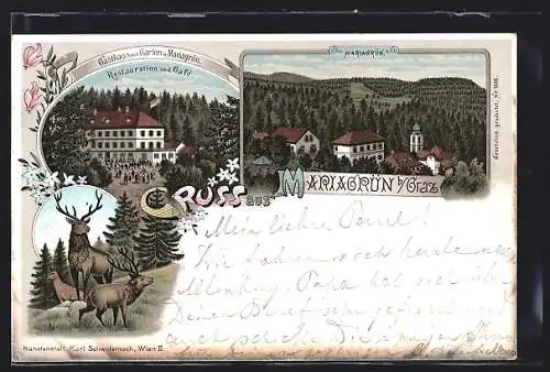 Lithographie Graz, Mariagrün, Gasthaus mit Garten, Blick über die Dächer des Ortes, Kirche, Hirsche