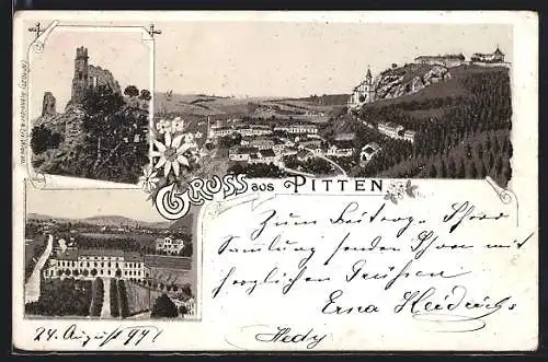 Lithographie Pitten, Ruine, Ortsansicht