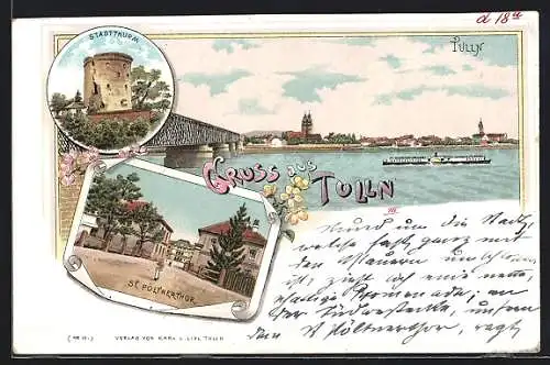 Lithographie Tulln, Uferpartie mit Brücke und Dampfer, St. Pöltnertor, Stadtturm