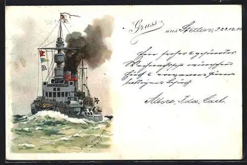 Lithographie SM Panzerschiff Aegir in voller Fahrt