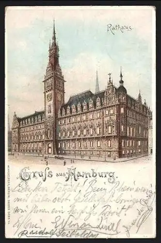 Lithographie Hamburg, Rathaus, Aussenansicht mit hell erleuchteten Fenstern, Halt gegen das Licht