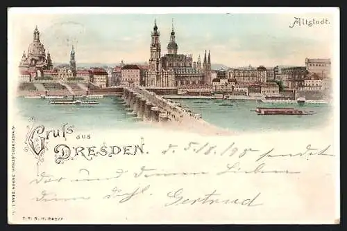 Lithographie Dresden, Altstadt mit Frauenkirche und Dampfer, Halt gegen das Licht