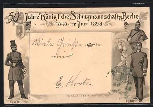 Lithographie Berlin, Festpostkarte 50 Jahre Königliche Schutzmannschaft 1898
