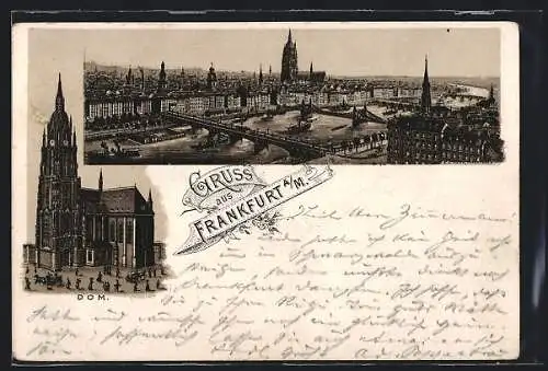 Vorläufer-Lithographie Alt-Frankfurt, 1894, Mainansicht und Dom, Eiserner Steg