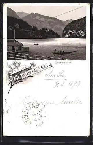 Vorläufer-Lithographie Königsee / Berchtesgaden, 1893, Abfahrt mit Kähnen