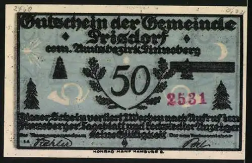 Notgeld Prisdorf, 50 Pfennig, Hügelszene mit Rehen