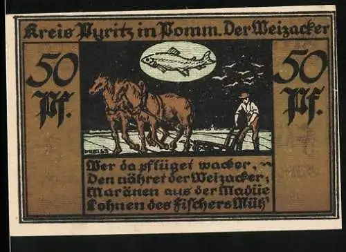 Notgeld Pyritz 1921, 50 Pfennig, Mann am Pferdepflug