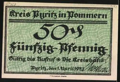 Notgeld Pyritz 1921, 50 Pfennig, Mann am Pferdepflug