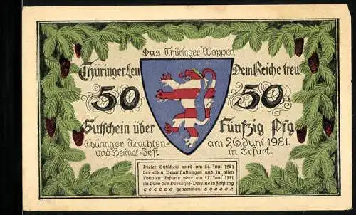 Notgeld Erfurt 1921, 50 Pfennig, Thüringer Wappen und Frauen in Tracht