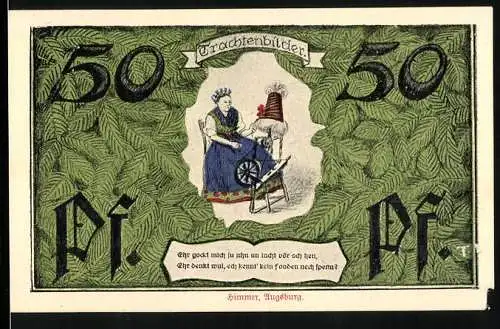Notgeld Erfurt 1921, 50 Pfennig, Frau in Tracht beim Spinnen