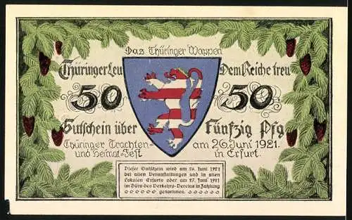 Notgeld Erfurt 1921, 50 Pfennig, Frau in Tracht beim Spinnen