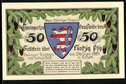 Notgeld Erfurt 1921, 50 Pfennig, Alte Frau in Tracht und das Thüringer Wappen