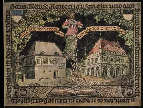 Notgeld Erkelenz 1921, 75 Pfennig, Mann am Stadtplatz schüttet Notgeld aus