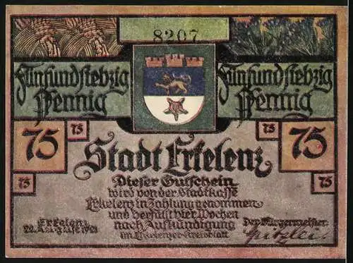 Notgeld Erkelenz 1921, 75 Pfennig, Mann am Stadtplatz schüttet Notgeld aus