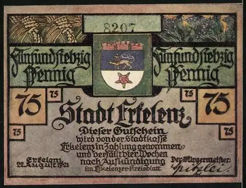 Notgeld Erkelenz 1921, 75 Pfennig, Bergbauareal mit rauchenden Schloten