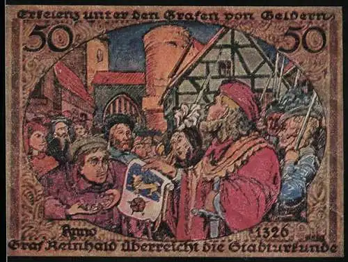 Notgeld Erkelenz 1921, 50 Pfennig, Grad Reinhald überreicht die Stadturkunde, 1326