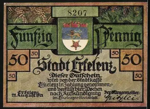 Notgeld Erkelenz 1921, 50 Pfennig, Grad Reinhald überreicht die Stadturkunde, 1326
