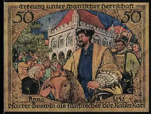 Notgeld Erkelenz 1921, 50 Pfennig, Pfarrer Goswin als Fürsprecher vor Kaiser Karl, 1543
