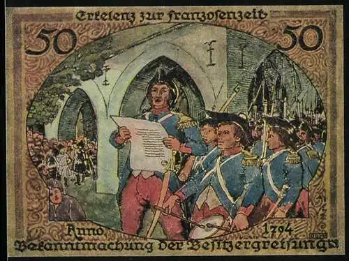 Notgeld Erkelenz 1921, 50 Pfennig, Bekanntmachung der Besitzergreifung durch die Franzosen, 1794