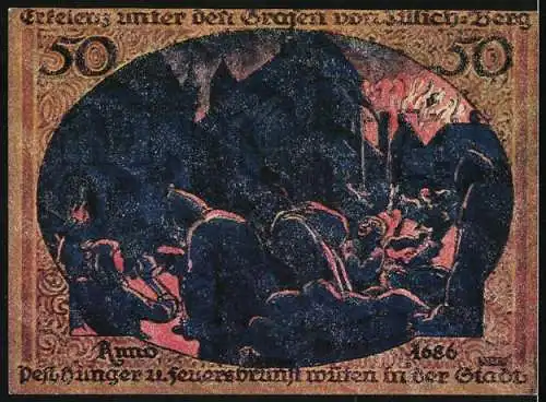 Notgeld Erkelenz 1921, 50 Pfennig, Pest, Hunger und Feuersbrunst in der Stadt, 1686