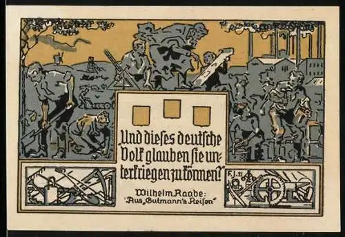 Notgeld Eschershausen i. Br. 1921, 2 Mark, Wilhelm Raabe`s Geburtshaus, Raabeturm und -Denkmal, Deutsche Arbeiter