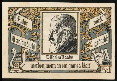 Notgeld Eschershausen i. Br. 1921, 1 Mark, Konterfei und Zitat von Wilhelm Raabe