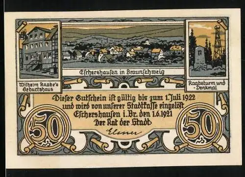 Notgeld Eschershausen i. Br. 1921, 50 Pfennig, Szene aus Raabe`s Chronik der Sperlingsgasse