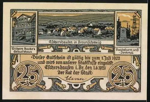 Notgeld Eschershausen i. Br. 1921, 25 Pfennig, Amelungsborn, Odfeld, Raabe`s Nach dem Grossen Kriege