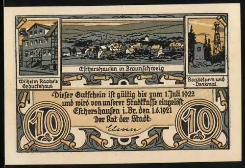 Notgeld Eschershausen i. Br. 1921, 10 Pfennig, Wanderer von wilden Tieren umgeben, Raabe`s Deutscher Adel