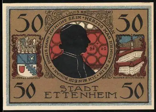 Notgeld Ettenheim 1922, 50 Pfennig, Silhouette des Cardinals Louis René von Rohan
