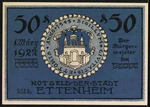 Notgeld Ettenheim 1922, 50 Pfennig, Silhouette des Cardinals Louis René von Rohan