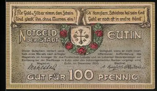 Notgeld Eutin 1920, 100 Pfennig, Ortsansicht mit der Kirche