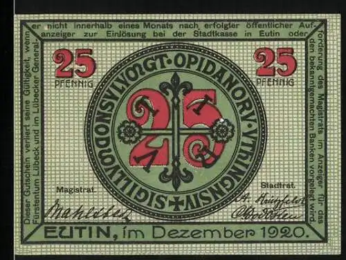Notgeld Eutin 1920, 25 Pfennig, Blick auf das Voss-Haus