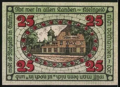 Notgeld Eutin 1920, 25 Pfennig, Blick auf das Voss-Haus