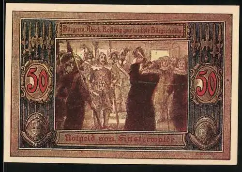 Notgeld Finsterwalde 1921, 50 Pfennig, Bürgermeister Rosswig gewinnt die Bürgerheide