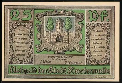 Notgeld Finsterwalde 1921, 25 Pfennig, Blick aufs Schloss