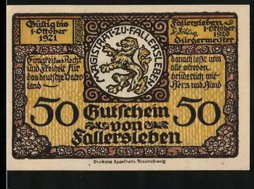 Notgeld Fallersleben 1920, 50 Pfennig, Geburtshaus des Dichters