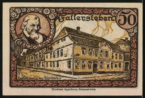 Notgeld Fallersleben 1920, 50 Pfennig, Geburtshaus des Dichters