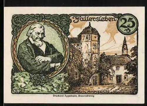 Notgeld Fallersleben 1920, 25 Pfennig, Hoffmann von Fallersleben, Schloss, Amtsgericht und Kirche