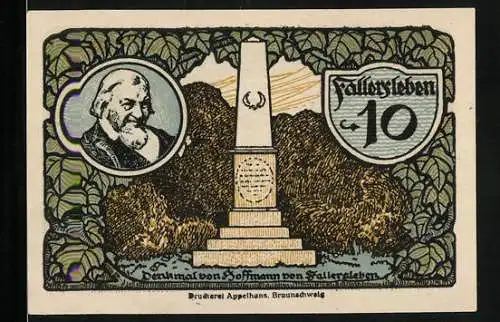 Notgeld Fallersleben 1920, 10 Pfennig, Denkmal von Hoffmann von Fallersleben